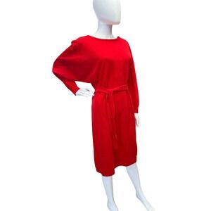 Vintage 70s 80s Wool Red Long Sleeve Batwing Belted Sweater Knit Midi Dress M